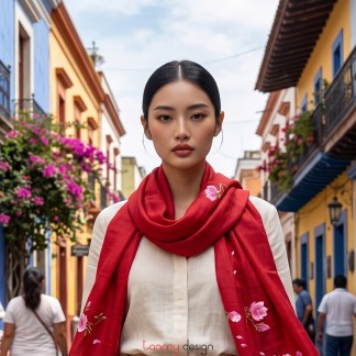 Khăn vải gai thêu tay hoa mẫu đơn đỏ - các mẫu 45x180cm